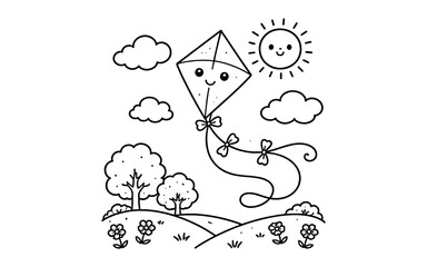 Cute linear coloring page of smiling kite flying in sunny sky with clouds and trees