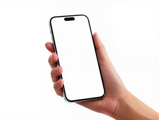 Hand Holding Smartphone With Blank Screen Isolated On White Background, Modern Mobile Phone. A close-up of a hand gripping a smartphone with a clean, white blank screen. Perfect for tech, mobile apps.
