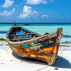 Colorful weathered boat on a pristine beach