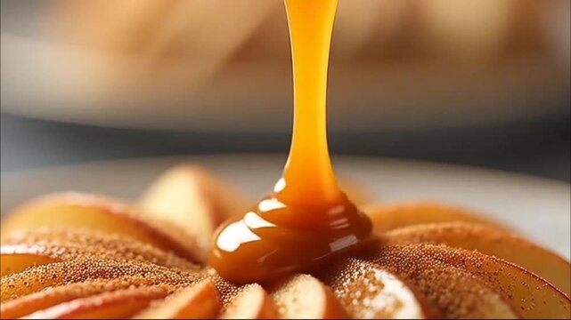 Drizzling caramel sauce over freshly baked apple tart on a plate  