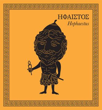Cartoon style illustration of Hephaestus, Greek god of blacksmiths, metalworking, carpenters, craftsmen, artisans, sculptors, metallurgy, fire and volcanoes