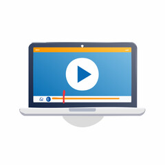 Laptop screen displaying a video player interface with play button and progress bar, digital media concept