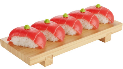 Isolated row of tuna sushi on a wooden tray, traditional Japanese cuisine, fresh, flavorful © Oisin