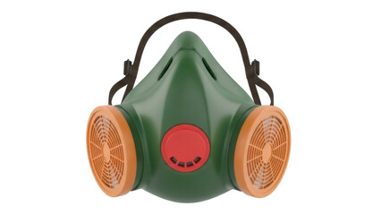 Green and orange respirator mask PNG isolated on transparent background, safety equipment for industrial and chemical protection