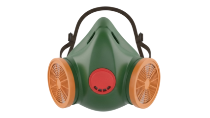 Green and orange respirator mask PNG isolated on transparent background, safety equipment for industrial and chemical protection