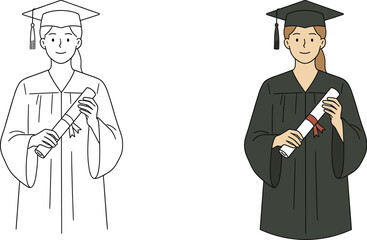 Female graduate illustration holding diploma wearing graduation cap and gown flat vector isolated on white background for education success concept