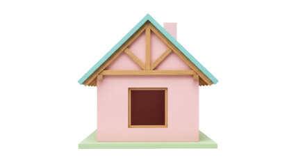 Pink toy house isolated PNG, miniature wooden building with blue roof and brown window on transparent background, children s plaything