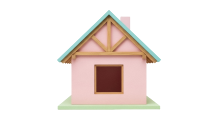 Pink toy house isolated PNG, miniature wooden building with blue roof and brown window on transparent background, children s plaything