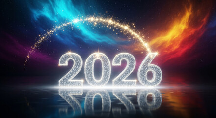 Sparkling 2026 number with shiny trail on reflective surface, against colorful nebula backdrop, signifying future event, celebration, or new year
