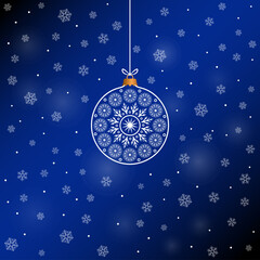 Blue merry chrismas card design with winter snowfall, abstract bauble illustration. Winter holidays concept card design to use for merry christmas greetings, winter advertising, happy new year card.