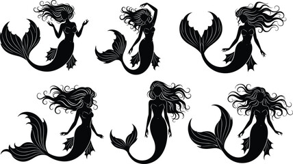 Mermaid silhouette set with flowing hair and tails, fantasy sea siren women vector illustration collection isolated on white background, black elegant decorative