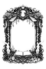Gothic ornate frame with roses candles and open book, Transparent Background