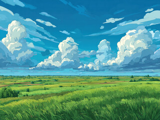 Obraz premium Vibrant cartoon vector style landscape showcases lush green field under bright blue sky filled with fluffy clouds. scene evokes sense of tranquility and natural beauty