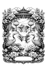 Ornate Asian lucky frame with coins and symbols, Transparent Background