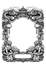 Ornate Asian lucky frame with coins and symbols, Transparent Background
