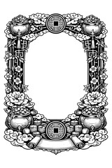 Ornate Asian lucky frame with coins and symbols, Transparent Background