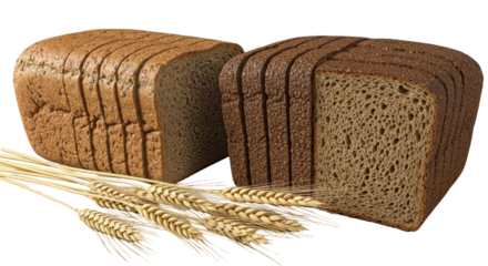 Two Sliced Loaves of Brown and Dark Rye Bread with Wheat Stalks Product Shot Isolated