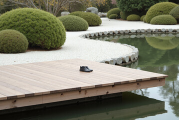 Zen Garden Wooden Deck &ndash; Minimalist Landscape with Boot Prints for Winter Meditation, Landscape Design, and Architectural Inspiration