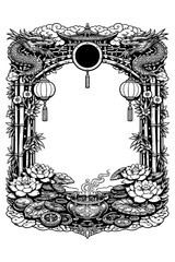 Ornate Asian lucky frame with coins and symbols, Transparent Background