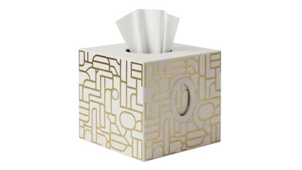 Isolated square tissue box with geometric design pattern, tissues sticking out of opening