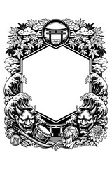 Japanese ornate frame with waves and flowers, Transparent Background