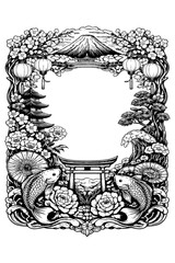 Japanese ornate frame with waves and flowers, Transparent Background