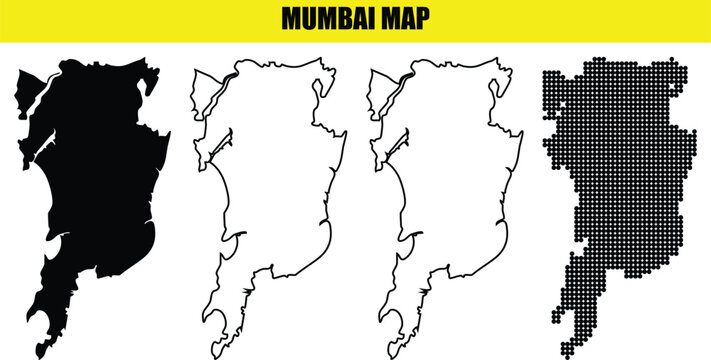 Mumbai map vector drawing, solid color, outline, and dot map, mumbai map in flat style, mumbai map collection for india
