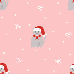 Seamless pattern with white bow and cat in red Santa hat, tender background.