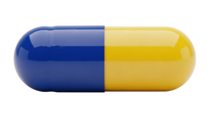 Blue and yellow capsule isolated PNG, medicine drug pill for healthcare and pharmaceutical industry on transparent background
