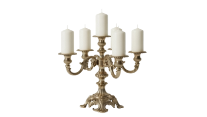 Ornate gold candelabra with five candles isolated PNG, vintage style candlestick holder for home decor and special occasion lighting