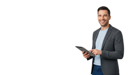 Smiling Young Man Holding Digital Tablet Isolated on White Background