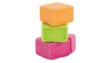 Isolated stack of soft sugary colorful candy cubes on neutral seamless backdrop. Delicious.