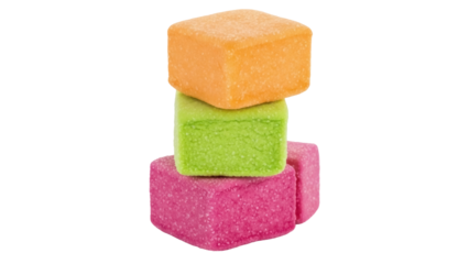 Isolated stack of soft sugary colorful candy cubes on neutral seamless backdrop. Delicious.
