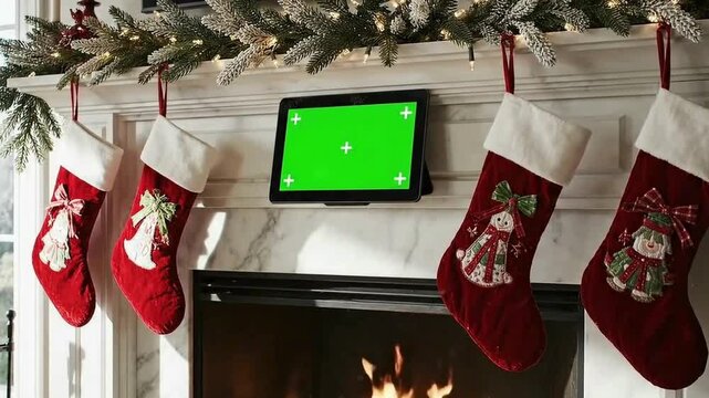 Digital Tablet with Green Screen and Tracking Markers on a Christmas Fireplace Mantel