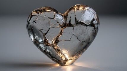 Fototapeta premium Shattered glass heart with intricate crack pattern and light reflections on shiny surface