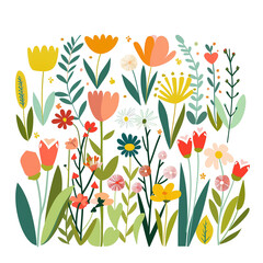 Flat design illustration of a spring garden with blooming flowers and leaves, colorful minimalist floral elements for patterns and design