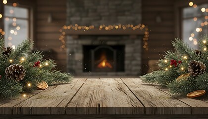 Cozy rustic Christmas background with empty wooden table and fireplace in blurred background