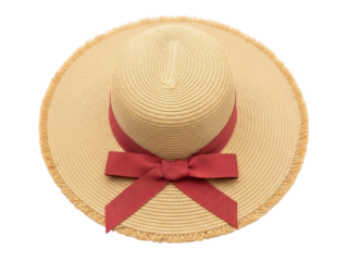 Isolated straw sunhat with red ribbon, brimmed, raffia-like texture, fashion accessory for summer