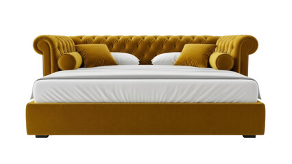 Isolated golden yellow bed with soft pillows and blanket offering comfort in bedroom interior