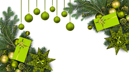 PNGimage orVibrant lime green christmas decorations including ornaments gifts and pine branches frame a for holiday design on white background with copy space