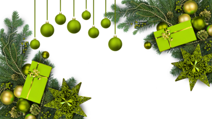 PNGimage orVibrant lime green christmas decorations including ornaments gifts and pine branches frame a for holiday design on white background with copy space