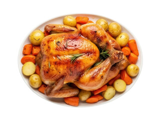 Isolated roast chicken with potatoes and carrots on platter, ready for a celebration meal