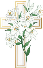 Golden Christian Cross Adorned with White Easter Lilies, Vector Illustration of Religious Symbolism and Purity