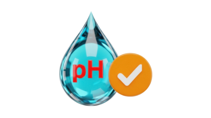 Isolated water drop showing the pH level with check mark approval symbol, pH testing and balance.