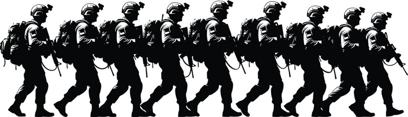 Fototapeta premium soldiers, military, army, silhouette, rifle, combat, patrol, war, defense, helmet, teamwork, formation, discipline, battlefield, tactical