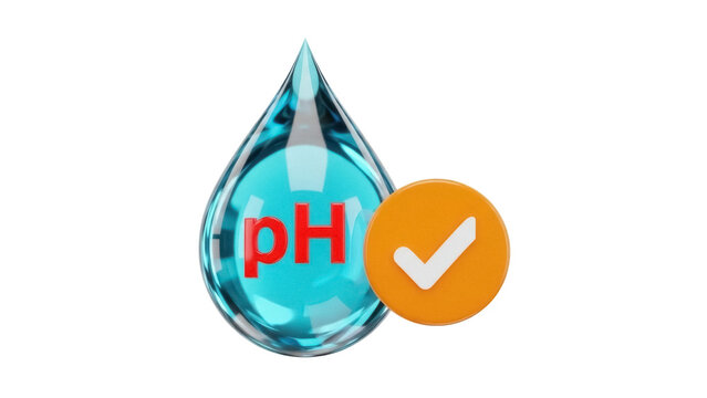 Isolated water drop showing the pH level with check mark approval symbol, pH testing and balance.