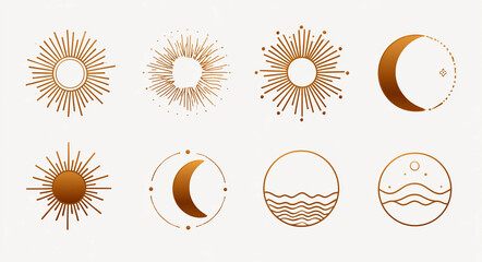 Bronze Sun and Moon Celestial Line Icons Set Isolated on White Background
