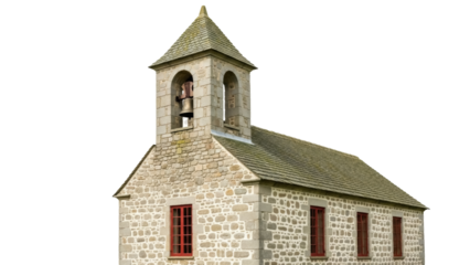 Old stone church with bell tower isolated PNG, historic religious building on transparent background, rural architecture for design projects