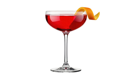 Isolated red cocktail in coupe glass with orange twist garnish for commercial use.