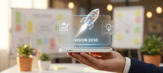 Startup rocket launch for vision 2030 with holographic icon